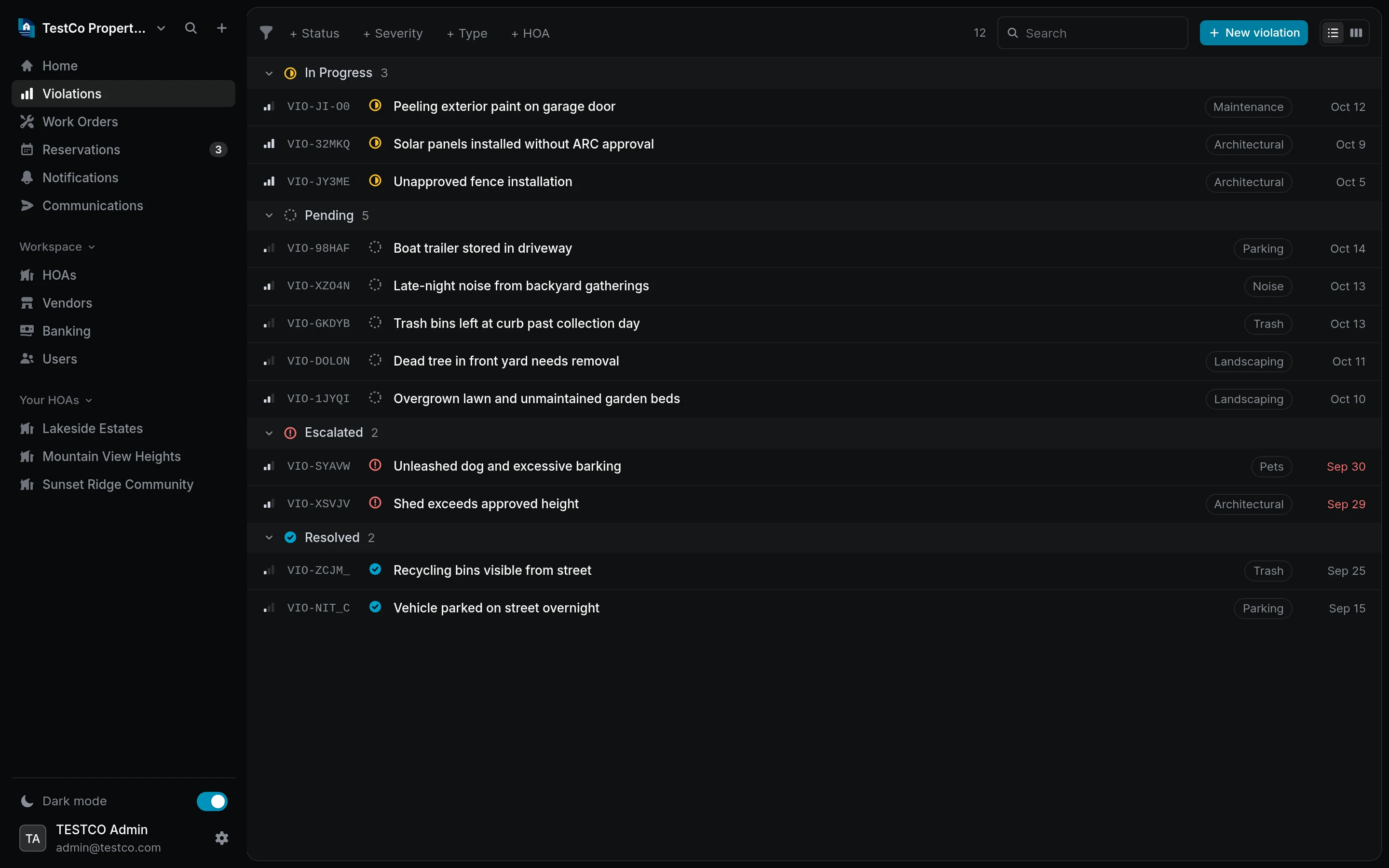 The Epic HOAs violations list, grouped by status across every community