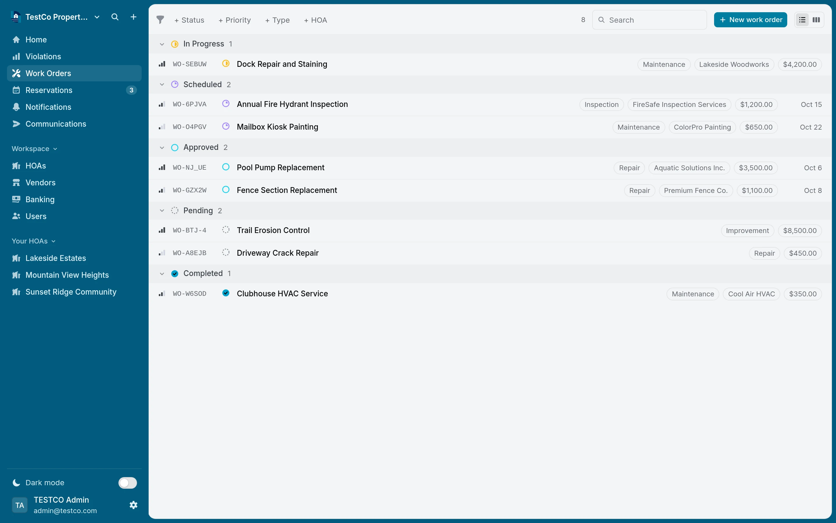 The work orders list in Epic HOAs, grouped by status